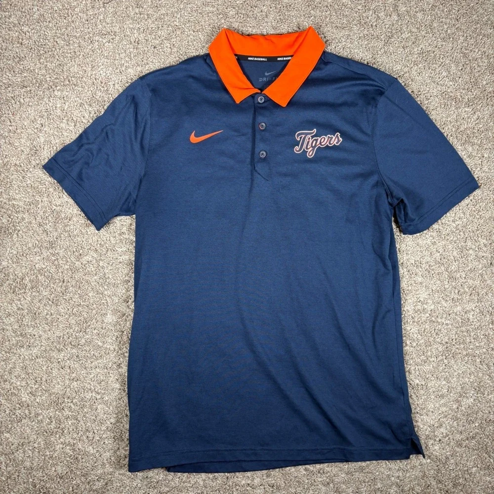 Nike Baseball Detroit Tigers Dri-FIT Polo‎ Shirt Mens Large Navy Blue Orange MLB